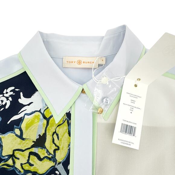 TORY BURCH Printed Contrast Silk Shirt in Navy Poppies Bloom 4 - Picture 4 of 9